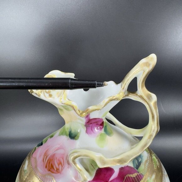 Antique Nippon Hand Painted Green Vase Pitcher Ewer Floral Gold Trim Porcelain - Picture 7 of 16